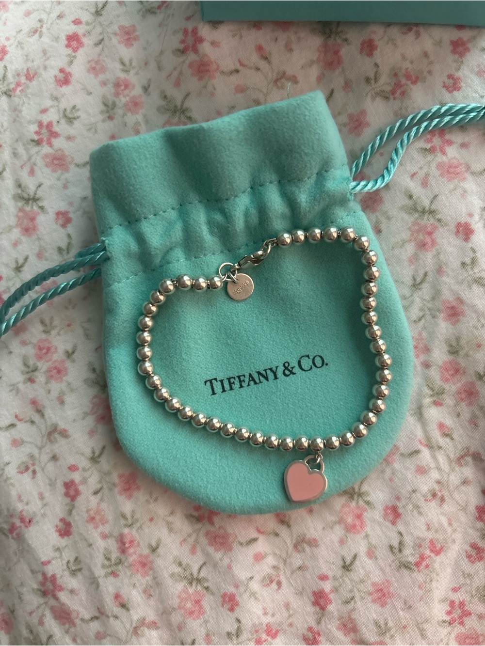 Tiffany & Co. Silver Bead Bracelet with Pink Heart Charm